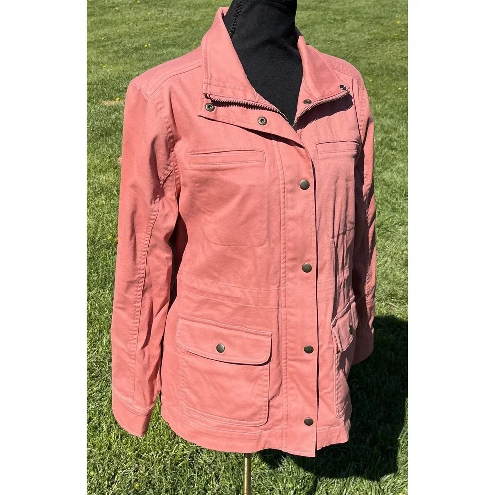 L.L.Bean Jacket Womens Petite Medium Pink‎ Cotton Twill Full Zip Utility Pockets